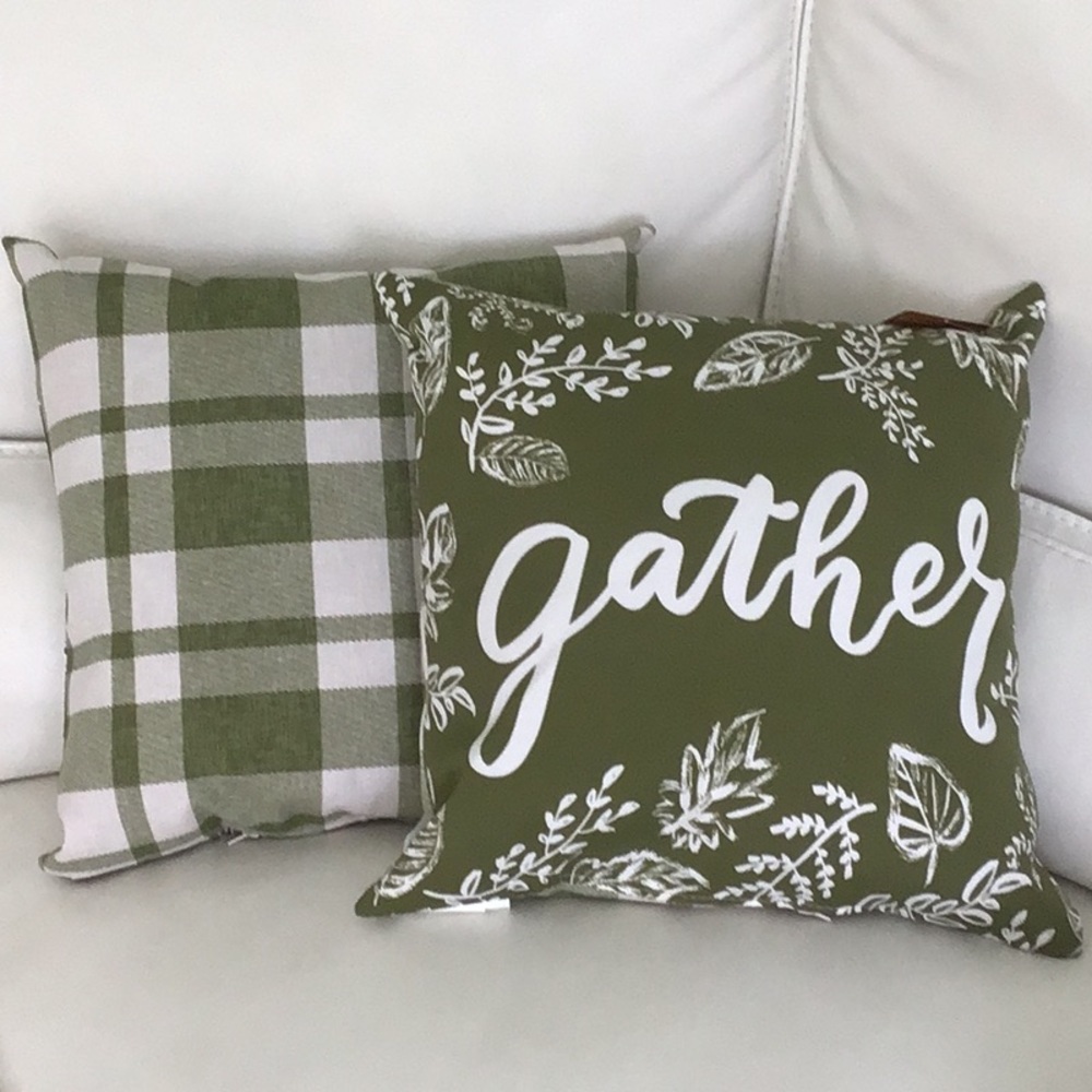 Honeybloom - Green and White Plaid/Gather Fall Throw Pillow Set of 2